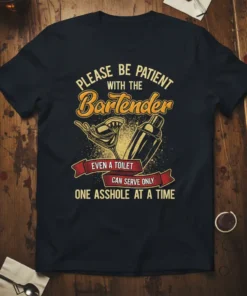 T-shirt with the quote "PLEASE BE PATIENT WITH THE Bartender EVEN A TOILET CAN SERVE ONLY ONE ASSHOLE AT A