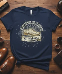 Navy t-shirt featuring "Patron Saint of Quality Footwear St. Hubbins" text and a vintage wingtip shoe graphic