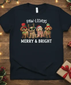 PAW-LIDAYS MERRY & BRIGHT text with four dogs wearing Christmas hats and lights on a black t-shirt