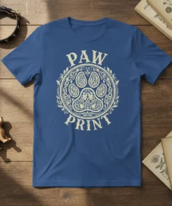 Paw Print T-Shirt featuring a central paw graphic with ornate circular border and text "PAW PRINT" in vintage font