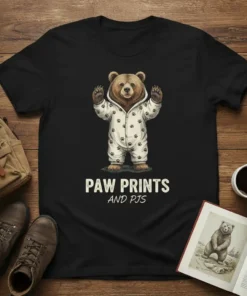 Paw Prints And PJs t-shirt design featuring a cute bear wearing patterned pajamas
