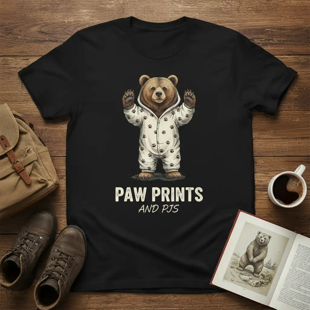 Paw Prints And PJs text with a cute bear in pajamas illustration on a t-shirt