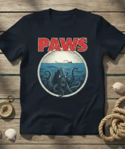 PAWS t-shirt with a scary octopus attacking a swimmer in the ocean, nautical rope circle, red text