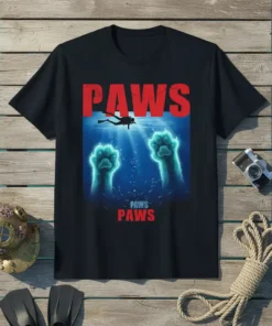 PAWS PAWS PAWS t-shirt design with a diver and glowing cat paws underwater in blue ocean water