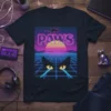PAWS retro synthwave t-shirt design with a neon cat, sunset, grid, and rat silhouette