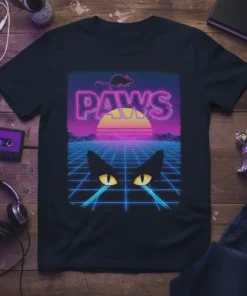 PAWS retro synthwave t-shirt design with a neon cat, sunset, grid, and rat silhouette
