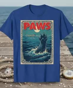 PAWS T-Shirt featuring a bear paw rising from ocean waves, with a swimmer in the background and vintage movie poster