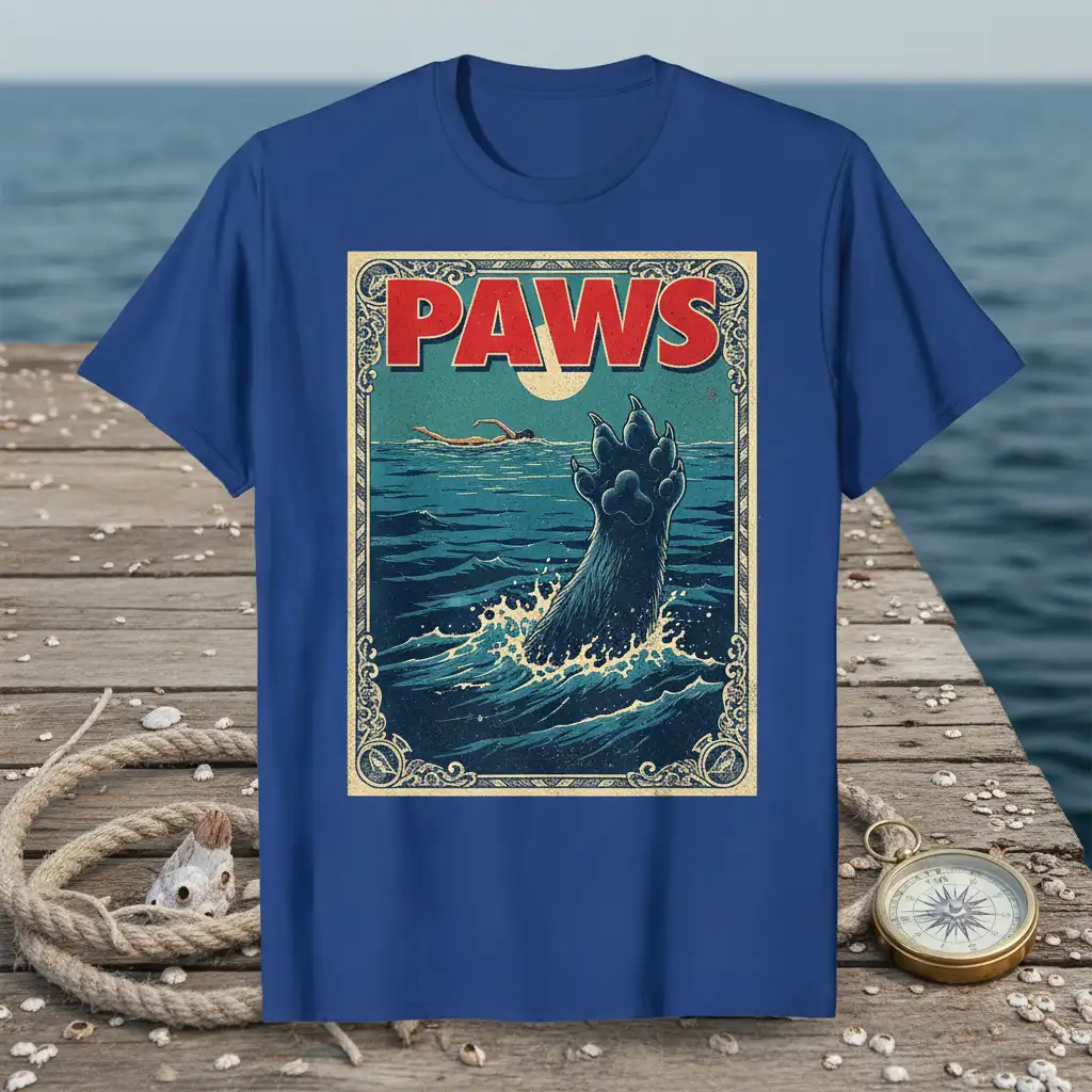 PAWS T-Shirt design with vintage movie poster aesthetic, featuring a bear paw in water and bold text