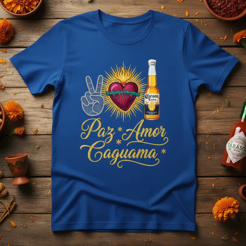 Paz * Amor * Caguama unique artwork printed on breathable fabric creating a standout t-shirt
