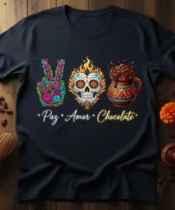 Paz Amor Chocolate t-shirt design with a peace sign, flaming sugar skull, and hot chocolate mug