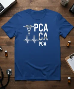 Blue t-shirt with "PCA CA PCA" text, Caduceus symbol, and heartbeat EKG graphic
