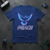 Retro graphic t-shirt with a neon-outlined dove and the word PEACE in glitchy text