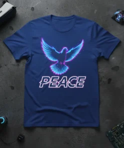 Retro graphic t-shirt with a neon-outlined dove and the word PEACE in glitchy text