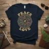 Peace Love boho mandala t-shirt design with a dove symbol in the center, featuring retro, colorful patterns and gold glitter