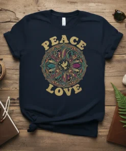 Peace Love boho mandala t-shirt design with a dove symbol in the center, featuring retro, colorful patterns and gold glitter