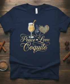 Peace Love Coquito text with a glass of coquito, peace sign, and heart graphic on a navy t-shirt