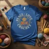Peace Love Crochet t-shirt design with yarn ball and granny squares