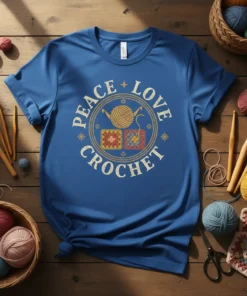 Peace Love Crochet t-shirt design with yarn ball and granny squares