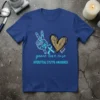 Peace sign and heart graphic with "peace love cure interstitial cystitis awareness" text, featuring teal ribbons