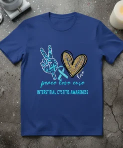 Peace sign and heart graphic with "peace love cure interstitial cystitis awareness" text, featuring teal ribbons