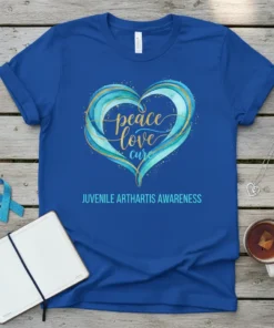 peace love cure Juvenile Arthritis Awareness unique graphic design printed on comfortable cotton t-shirt