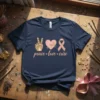 Peace Love Cure T-Shirt with pink ribbon, heart, and peace sign graphic. Text reads "peace love cure."