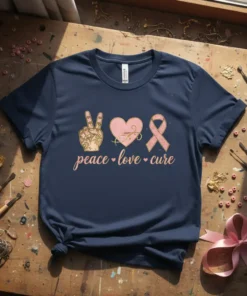 Peace Love Cure T-Shirt with pink ribbon, heart, and peace sign graphic. Text reads "peace love cure."