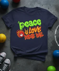 Peace Love Dodge Ball t-shirt design with neon green dripping text, a fiery dodgeball character, and rock-on hand symbol