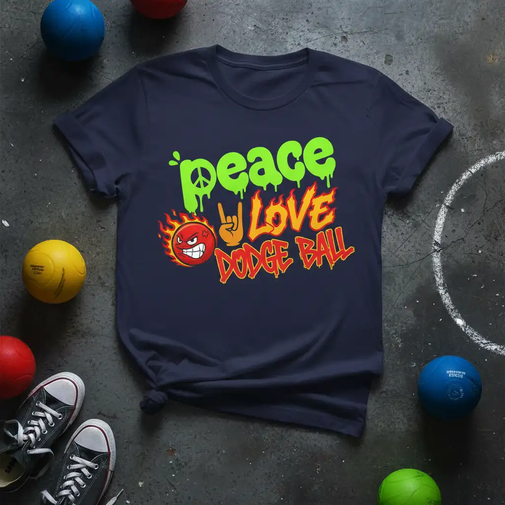 Peace Love Dodge Ball graphic tee with dripping text and a fiery dodgeball mascot design