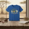 Peace Love Elephants text with peace sign, heart, and elephant graphic on a blue t-shirt