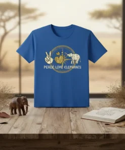 Peace Love Elephants text with peace sign, heart, and elephant graphic on a blue t-shirt