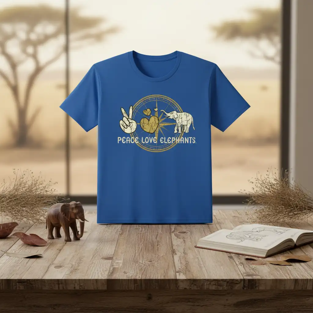 Peace Love Elephants quote and graphic on a comfortable t-shirt design