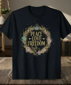 Peace Love Freedom t-shirt with dove and laurel wreath graphic design and glitter accents