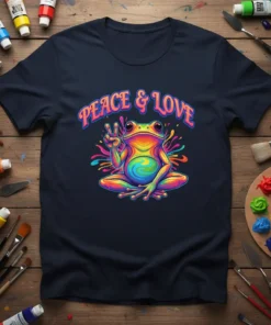Peace & Love text above a colorful, meditating frog giving a peace sign on a navy t-shirt