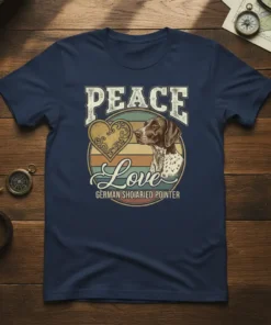 Peace Love German Shorthaired Pointer graphic t-shirt featuring a vintage sunset circle, a heart, and a German Shorthaired Pointer dog