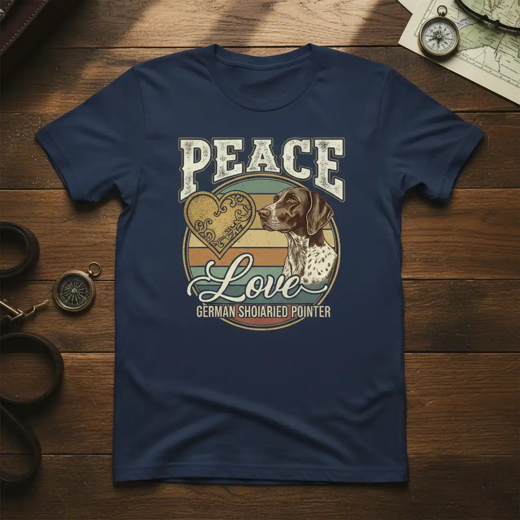 Peace Love German Shorthaired Pointer graphic tee with vintage sunset and dog portrait