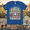 Peace Love Gnomes t-shirt with three tie-dye gnomes playing guitar, holding flowers, and spreading good vibes