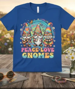Peace Love Gnomes t-shirt with three tie-dye gnomes playing guitar, holding flowers, and spreading good vibes