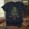 Peace Love Golf text with golf bag, clubs, and shamrocks design on a navy t-shirt