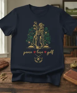 Peace Love Golf text with golf bag, clubs, and shamrocks design on a navy t-shirt