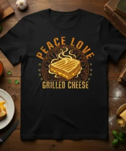 Peace Love Grilled Cheese T-Shirt featuring a toasted sandwich graphic and warm typography