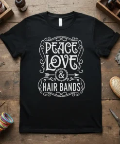 Black t-shirt with white text reading "PEACE LOVE & HAIR BANDS" in decorative font, ideal for hair stylists