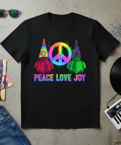Black t-shirt with colorful "Peace Love Joy" text, two geometric gnomes, and a neon peace sign graphic