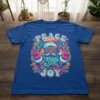 Retro Peace Love Joy Santa t-shirt design with groovy floral and peace sign elements