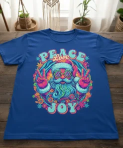 Retro Peace Love Joy Santa t-shirt design with groovy floral and peace sign elements