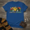 Juneteenth t-shirt design with "Peace Love Juneteenth" text, peace sign, heart, and raised fist in Pan-African colors