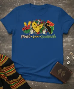 Juneteenth t-shirt design with "Peace Love Juneteenth" text, peace sign, heart, and raised fist in Pan-African colors