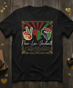 Peace Love Juneteenth t-shirt design featuring peace sign, African continent map, and raised fist graphic in red, green, and black