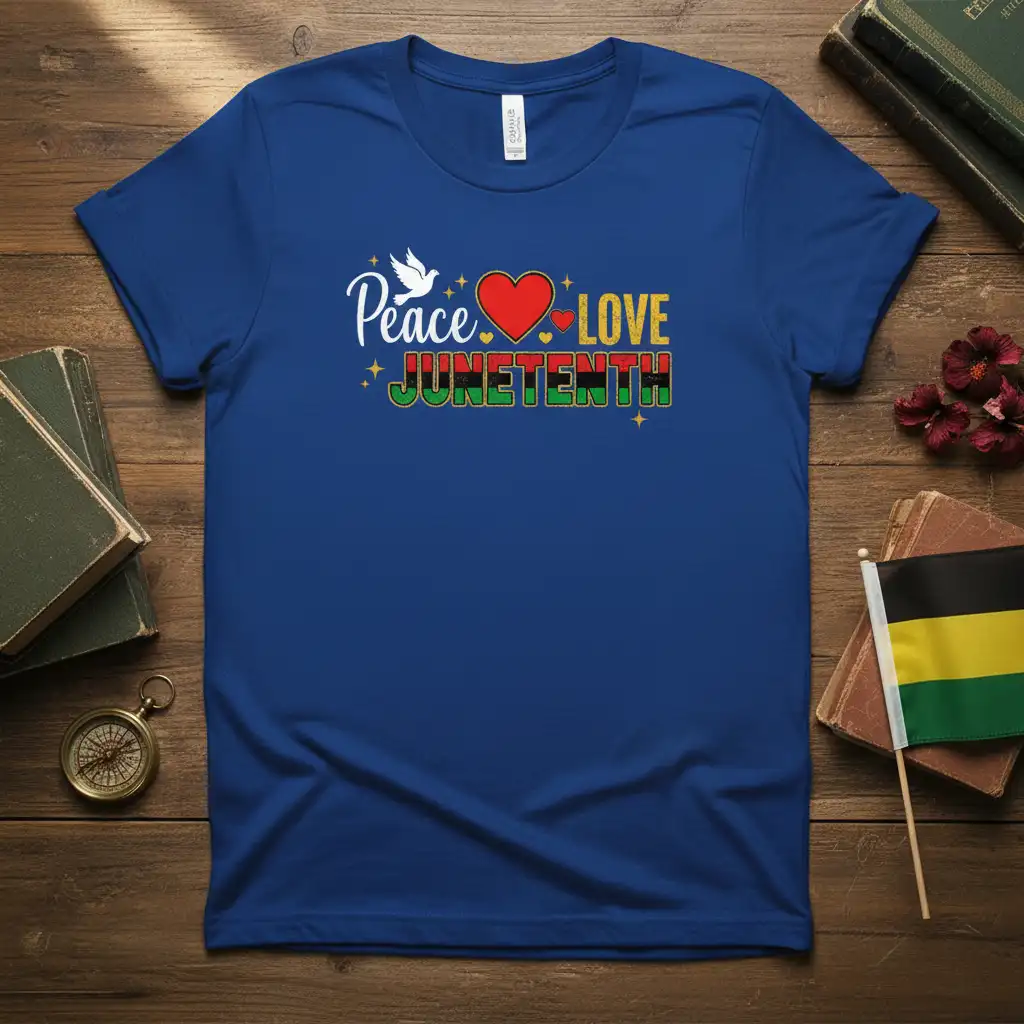 Peace LOVE JUNETEENTH text graphic with dove, heart, and Pan-African flag colors for Juneteenth celebration