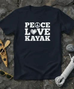 White text "PEACE LOVE KAYAK" with peace symbol and geometric heart on a navy t-shirt, perfect for kayaking gift